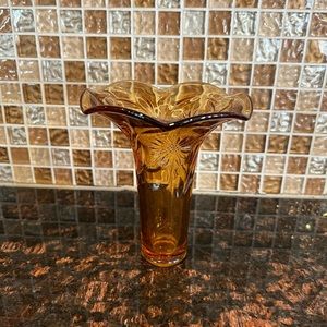 Golden Amber Etched Daisy Glass Vase. 1970’s Indiana Glass Vase.